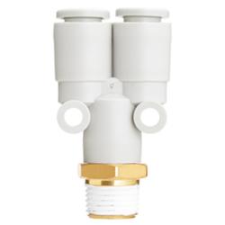 SMC KQ2U Y-type push-fit fitting &ndash; nickel-plated brass/PBT &ndash; with face seal &ndash; hose diameter 3/16" to 1/2" &ndash; R thread &ndash; pack of 10 &ndash; price per piece