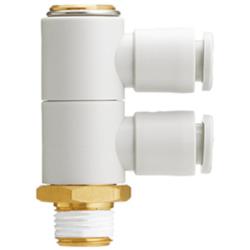 SMC 2-way KQ2VD threaded elbow &ndash; 360&deg; swivelling &ndash; brass/PBT &ndash; with face seal &ndash; hose &Oslash; 4 to 12 mm &ndash; pack of 5 or 10 &ndash; price per piece
