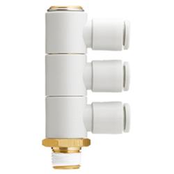 SMC 3-way KQ2VT threaded angle fitting &ndash; 360&deg; swivelling &ndash; brass/PBT &ndash; with face seal &ndash; hose &Oslash; 4 to 12 mm &ndash; pack of 5 or 10 &ndash; price per piece