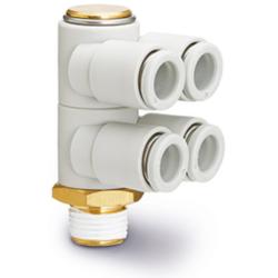 SMC 4-way KQ2ZD threaded elbow &ndash; 360&deg; swivelling &ndash; brass &ndash; with face seal &ndash; hose &Oslash; 4 to 12 mm &ndash; pack of 5 or 10 &ndash; price per piece