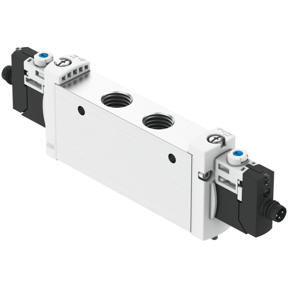 FESTO – zawór elektromagnetyczny VUVG-L18-P53-T-G14-1R8L – zawór 5/3-drożny – wewnętrzne zasilanie powietrzem sterującym – sprężyna mechaniczna – zawór z mufą G1/4 – z płytą przyłączeniową R8 – cena za sztukę