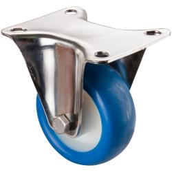 Roulette fixe en acier inoxydable - avec plaque de fixation - roue en PU bleue - &Oslash; de la roue 80 &agrave; 200 mm - hauteur totale 105 &agrave; 235 mm - capacit&eacute; de charge 70 &agrave; 300 kg - prix &agrave; l'unit&eacute;