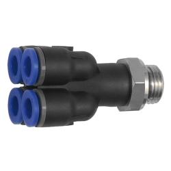 Blue Series flervejsfordeler - 4-vejs - roterbar - forskellige udvendige gevind - slange udvendig diameter 4 til 6 mm - arbejdstryk 0,95 til 10 bar - maks. arbejdstryk (kortvarigt) 15 bar - plast/forniklet messing - pris pr. stk.