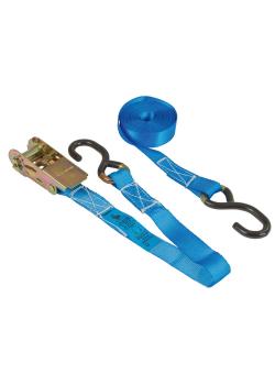 Sangle d'arrimage à cliquet - deux parties - tissu polyester - largeur 25 mm - longueur 6,0 m - force de traction max. 800 kg - bleu