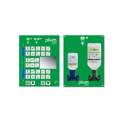 Awaryjna stacja do przemywania oczu - Plum - 200 ml roztworu buforu fosforanowego i 500 ml roztworu chlorku sodu - Zgodnie z normą DIN EN 15154-4:2009 - z uchwytem ściennym, zintegrowanym piktogramem i lustrem