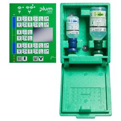Plum wall-mounted box containing 200 ml pH-neutral solution and 500 ml rinsing solution for eyes, skin and wounds &ndash; 200 ml phosphate buffer solution (4.9%) and 500 ml sterile sodium chloride solution (0.9%)