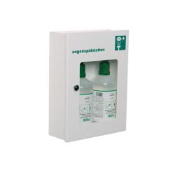 Stacja do przemywania oczu - Plum - z 2 butelkami roztworu chlorku sodu 1000 ml - Zgodnie z DIN EN 15154-4:2009 - Wymiary szafki ściennej (wys. x szer. x gł.) 355x265x100 mm