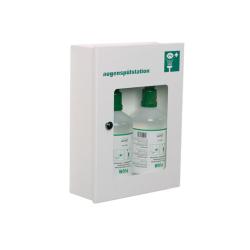 Stacja do płukania oczu - Plum - z 2 butelkami roztworu chlorku sodu 1000 ml - Zgodnie z normą DIN EN 15154-4:2009 - w tym szafka ścienna (wys. x szer. x gł.) 355x265x100 mm