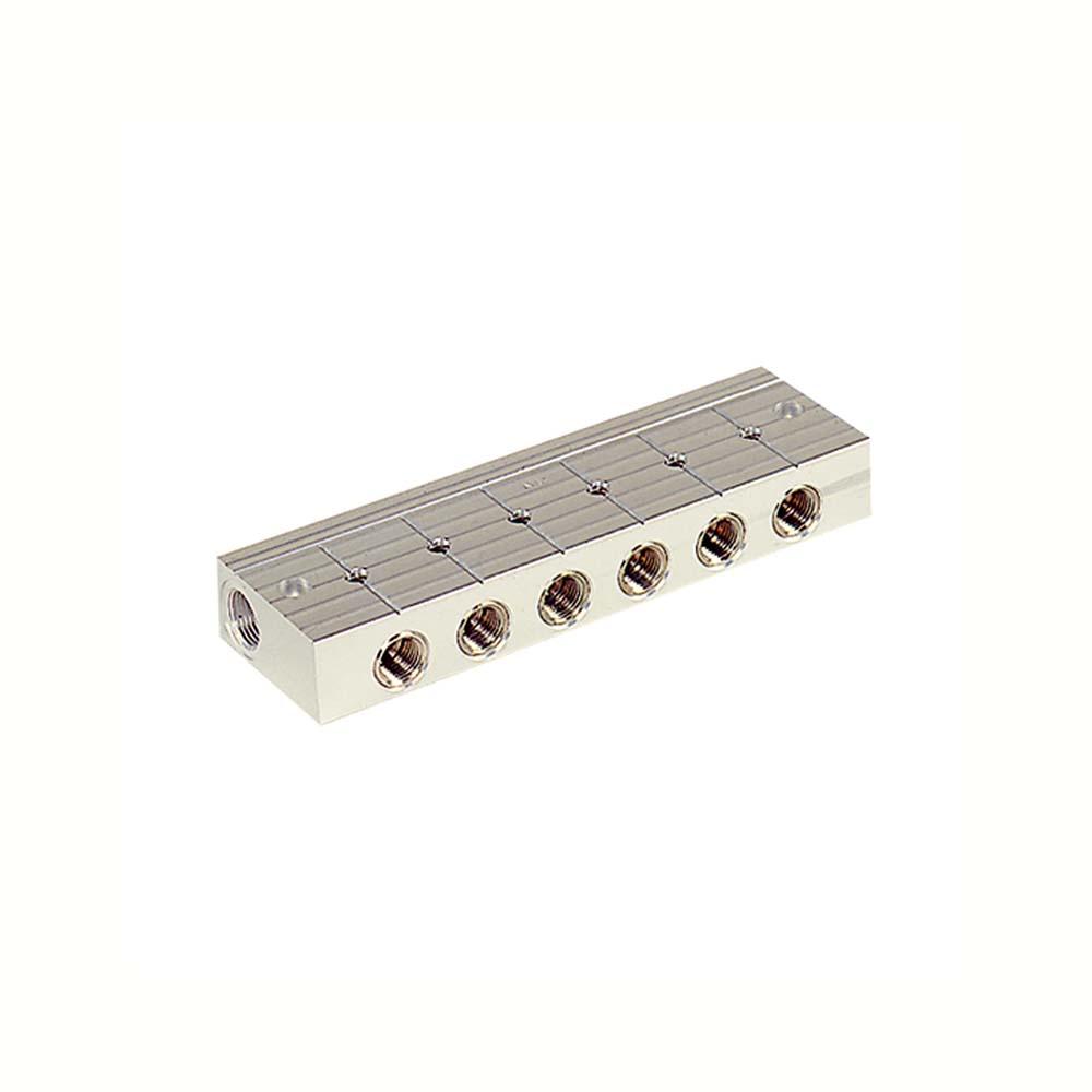 Fordelingslist - støpt aluminium - 6 til 10 integrerte kuleventiler - PN maks 10 bar grovvakuum - innløp/utløp G 3/8" - pris pr