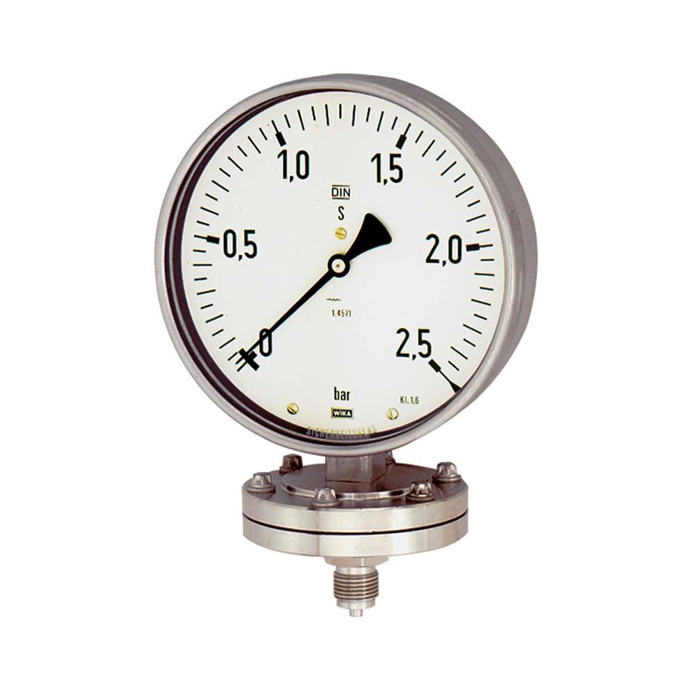 Platte veerdrukmeter - chemische uitvoering - Ø 100 - aansluiting radiaal onderaan - G 1/2" - type 432.50 - nauwkeurigheidsklasse 1,6 - meetbereik 0 tot 6 of 10 bar