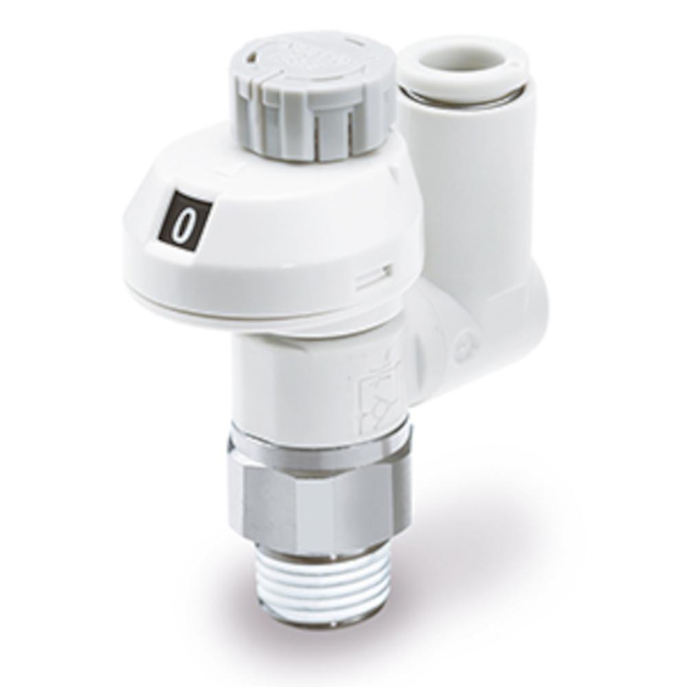 Válvula de retención con estrangulador AS301FS1 - Latón/PBT - máx. 10 bar - diámetro exterior de la manguera de 4 a 12 mm - Rosca M5 a R/G 1/2 pulgada - con indicador numérico de 180° - Precio por unidad