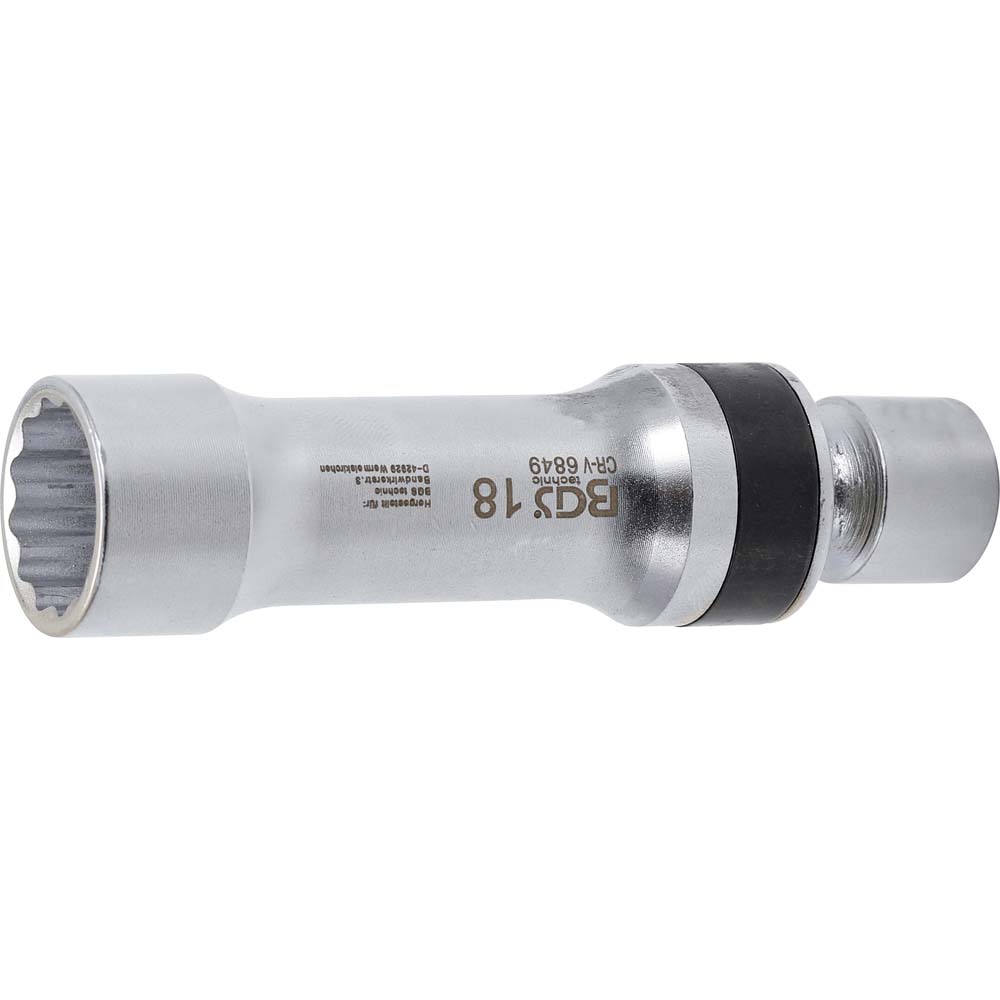 Spark plug joint insert twelve-sided with retaining spring - drive inner square 10 mm (3/8 ") - wrench size 14 to 21 mm - length 100 mm