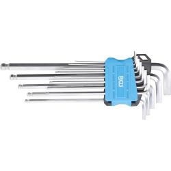 Jeu de clés mâles coudées - extra-longues - six pans creux / six pans creux à tête sphérique - tailles en pouces 0,05" à 3/8" - 13 pces