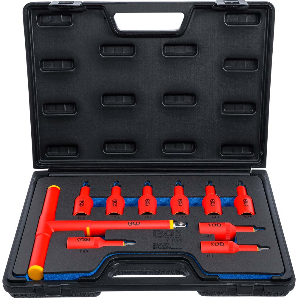 Juego de puntas VDE - cuadradillo 10 ó 12,5 mm - perfil en T (para Torx) o hexágono interior - 10 piezas.