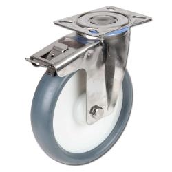 Rueda giratoria de acero inoxidable - Rueda de termoplástico - Diámetro de rueda de 80 a 200 mm - Altura de construcción de 108 a 240 mm - Capacidad de carga de 80 a 220 kg