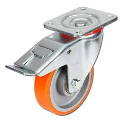Roulette pivotante très résistante avec double frein - roue en polyuréthane élastique - Ø de la roue  80 à 200 mm - hauteur totale 107 à 245 mm - capacité de charge 250 à 600 kg