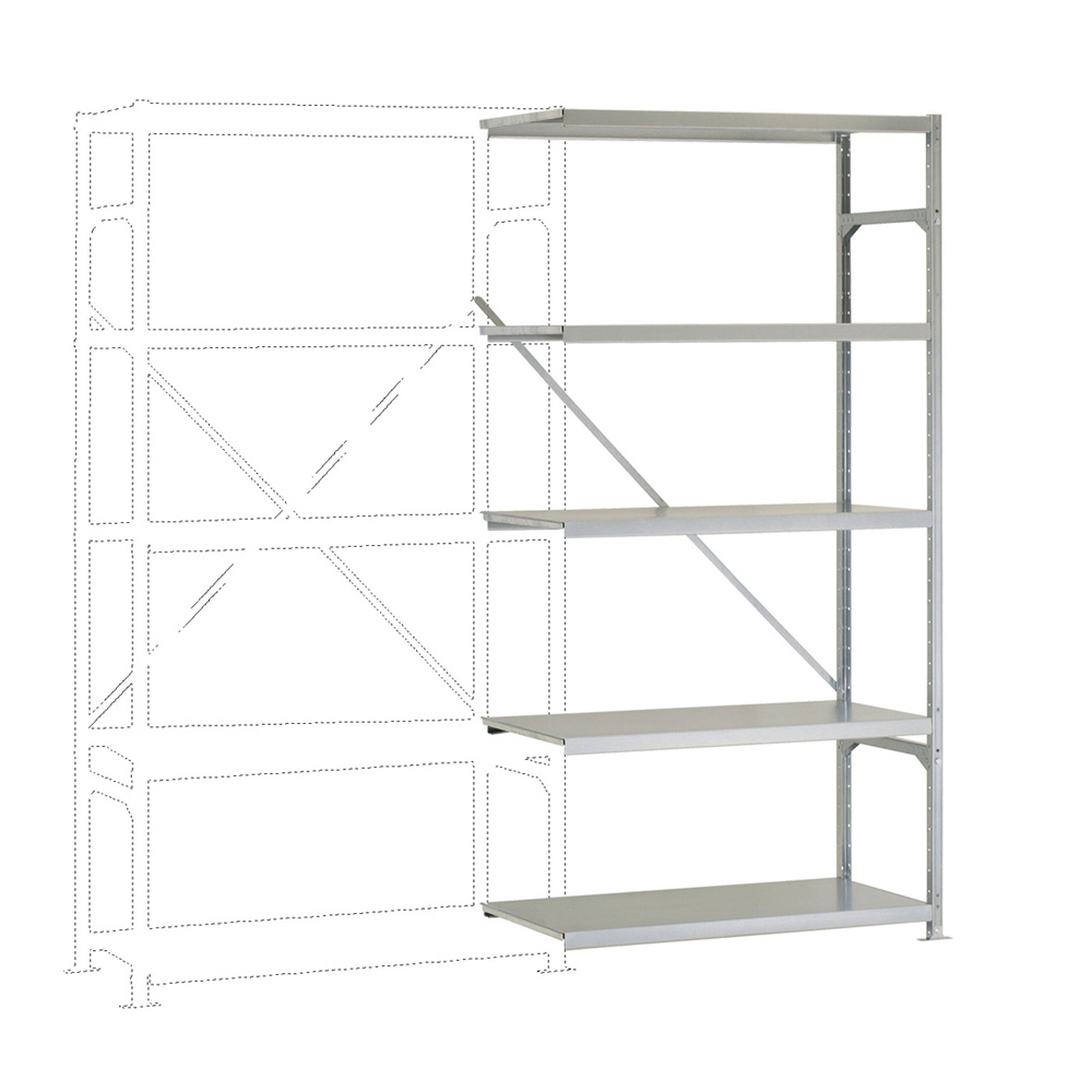 Magazijnrek "budget light" - volledig verzinkt - steeksysteem - "doe-het-zelf" - hoogte 2000 mm - 5 stalen legborden - breedte legborden 970 mm