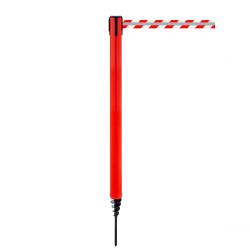 Poste de barrera de pinchos - poste rojo - longitud de la correa 2,3 m - con correa a rayas diagonales rojas/blancas y bandas reflectantes