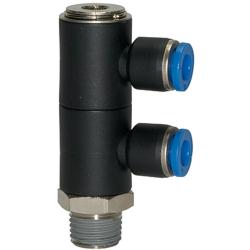 L-Multiplefordeler Blue Series - 2-vejs - drejelig - udvendig gevind R 1/8 til R 1/2 - slange udvendig diameter 4 til 12 mm - arbejdstryk -0,95 til 10 bar - maks. arbejdstryk (kortvarigt) 15 bar - plast/forniklet messing - pris pr. stk.