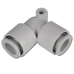 Conector acodado KQ2L - 2 conexiones para mangueras con diámetro exterior de 4 mm - Ángulo de 90° - Hasta 10 bar -  Cuerpo de PBT con anillos de sujeción y presión de POM