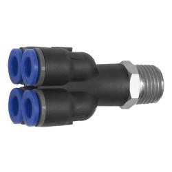 Blue Series flervejsfordeler - 4-vejs - drejelig - udvendig gevind R 1/8 eller R 1/4 - slange udvendig diameter 4 til 6 mm - arbejdstryk -0,95 til 10 bar - maks. arbejdstryk (kortvarigt) 15 bar - plast/forniklet messing - pris pr. stk.