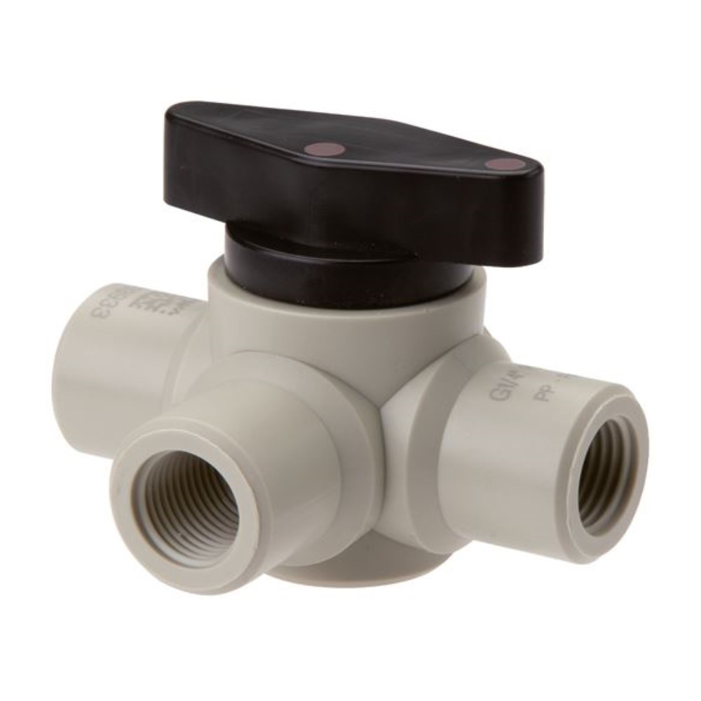 Vanne &agrave; boisseau sph&eacute;rique - Polypropyl&egrave;ne/PVDF/PFA - 3 voies horizontales - FI G 1/4" &agrave; G 1/2" - DN 4 &agrave; 10 - PN -0,95 &agrave; 10 - trou en L