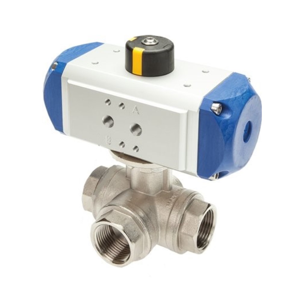 Válvula de bola - acero inoxidable 1.4408 - neum. Actuador - doble efecto - agujero en L-/T - rosca interior G 1/4" a G 2" - DN 11 a 40 - PN 63