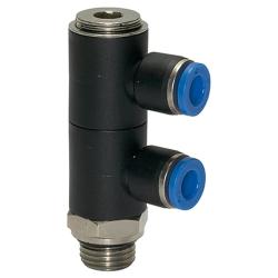 L-Multiplefordeler Blue Series - 2-vejs - drejelig - udvendig gevind G 1/8 til G 1/2 - slange udvendig diameter 4 til 12 mm - arbejdstryk -0,95 til 10 bar - maks. arbejdstryk (kortvarigt) 15 bar - plast/forniklet messing - pris pr. stk.