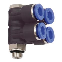 L-Multiplefordeler Blue Series - 4-vejs - drejelig - udvendig gevind G 1/8 til G 1/2 - slange udvendig diameter 4 til 12 mm - arbejdstryk -0,95 til 10 bar - maks. arbejdstryk (kortvarigt) 15 bar - plast/forniklet messing - pris pr. stk.