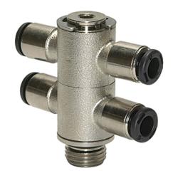 T-Multiple fordeler click-clock - 4-vejs - roterbar - forniklet messing - forskellige udvendige gevind - slange udvendig diameter 4 til 10 mm - arbejdstryk -0,99 til 16 bar - pris pr. stk.