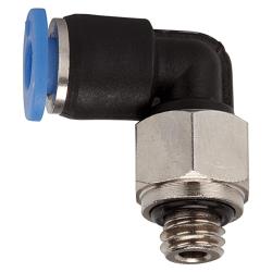 L-formet innstikkskobling, Blue Series - mini - roterbar - M7 utvendig gjenge - slangens ytre diameter 4 mm - arbeidstrykk -0,95 til 10 bar - plast/forniklet messing - pris per stykk