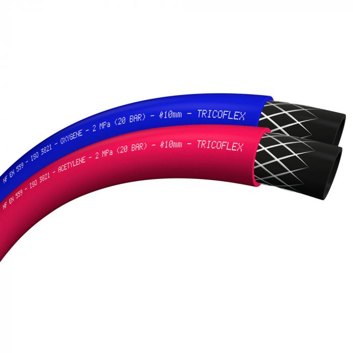 Manguera doble - Soudage - diámetro interior 6/6 a 10/10 mm - diámetro exterior 13 a 17 mm - longitud 20 a 40 m - azul/rojo - precio por rollo