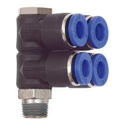 L-Multiplefordeler Blue Series - 4-vejs - drejelig - udvendig gevind R 1/8 til R 1/2 - slange udvendig diameter 6 til 12 mm - arbejdstryk -0,95 til 10 bar - maks. arbejdstryk (kortvarigt) 15 bar - plast/forniklet messing - pris pr. stk.