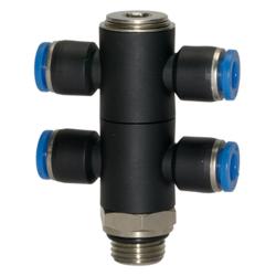 T-Multiple Fordeler Bl&aring; Serie - 4-vejs - drejelig - udvendig gevind G 1/8 til G 1/2 - slange udvendig diameter 4 til 12 mm - arbejdstryk -0,95 til 10 bar - maks. arbejdstryk (kortvarigt) 15 bar - plast/forniklet messing - pris pr. stk.