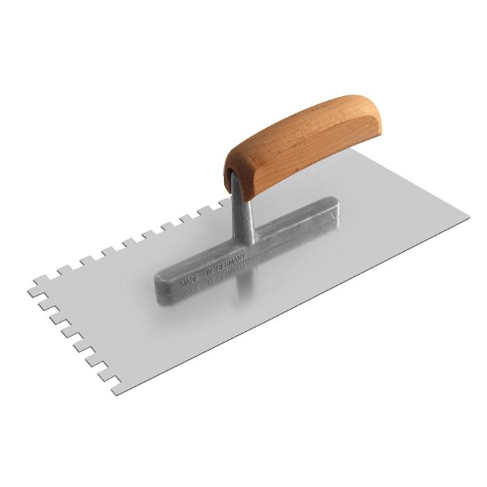 Paca wygładzająca - nierdzewna - ząbkowana E4 do E15 - 280 x 130 x 0,7 mm - z ergonomicznym drewnianym uchwytem
