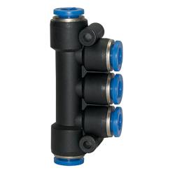 T-Multiple Distribut&oslash;r Bl&aring; Serie - Push-in Tilslutning - Slange Udvendig Diameter 5x4 til 5x8 mm - Arbejdstryk -0,95 til 10 bar - Maks. Arbejdstryk (kortvarigt) 15 bar - Plast/Forniklet Messing - Pris pr. Stk.