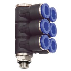 L-Multiplefordeler Blue Series - 6-vejs - drejelig - udvendig gevind G 1/8 til G 1/2 - slange udvendig diameter 4 til 12 mm - arbejdstryk -0,95 til 10 bar - maks. arbejdstryk (kortvarigt) 15 bar - plast/forniklet messing - pris pr. stk.