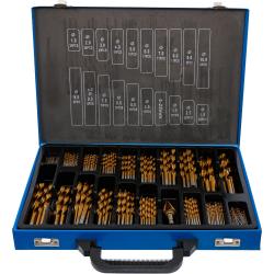 Jeu de forets h&eacute;lico&iuml;daux et &eacute;tag&eacute;s - HSS - nitrur&eacute;s au titane - &Oslash; 1 &agrave; 10 mm - 231 pi&egrave;ces - dans un coffret m&eacute;tallique