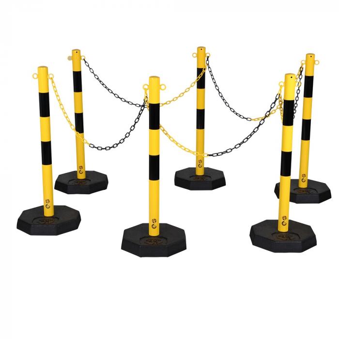 Chain post set - steel - set of 6 posts and 6 base plates - 25 m plastic chain