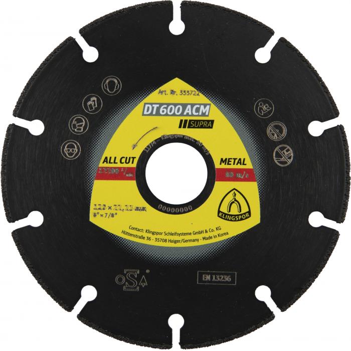 Diamond cutting disc DT 600 ACM Supra - vacuum brazed - diameter 115 to 230 mm - segment width 1.3 to 1.6 mm - segment length 36 to 42 mm - bore 22.23 mm