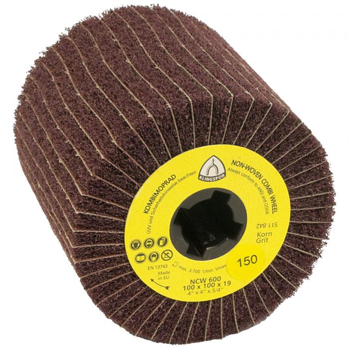 Non-woven mop wheel NCW 600 S - diameter 110 mm - width 100 mm - bore 19 mm - grit 80 to grit 180 - red-brown
