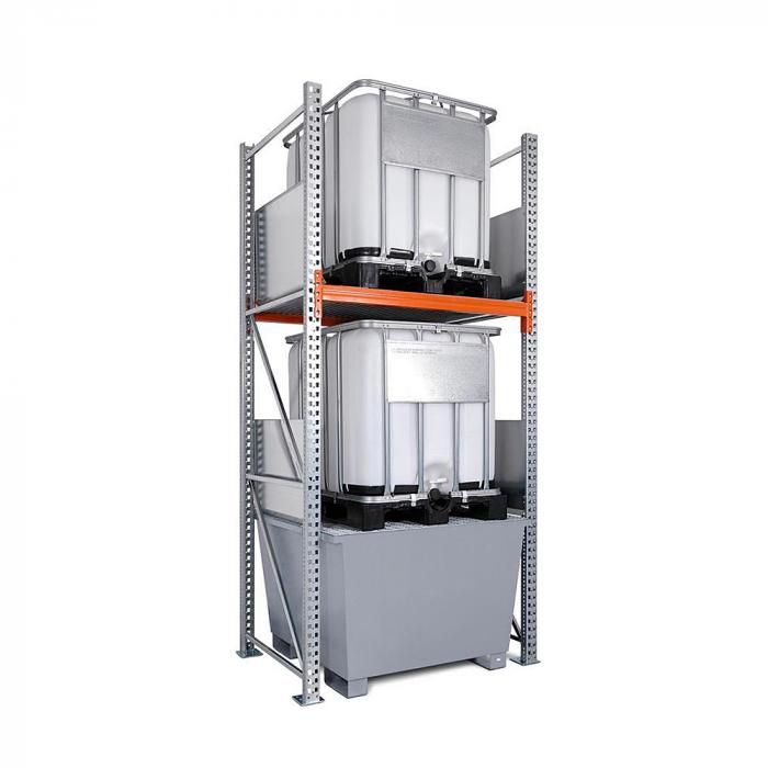 Kombi-hylde type 3 K2-I - med opsamlingsbakke galvaniseret eller malet - til 2 IBC'er på hver 1000 liter