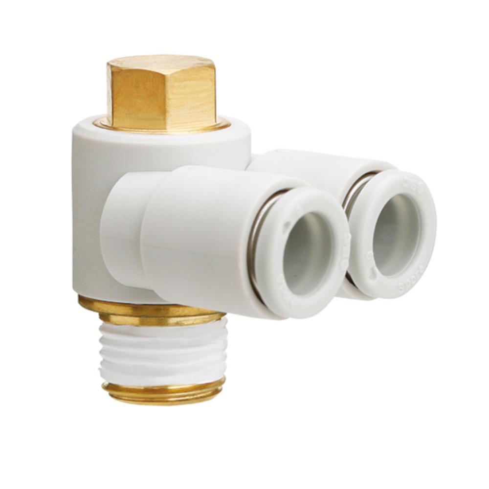 Dobbelt albue KQ2Z - messing/PBT - med gevindtætning - slangediameter 4 til 12 mm - udvendig gevind R 1/8" til 1/2" - pakke med 5 eller 10 - pris pr. stk.