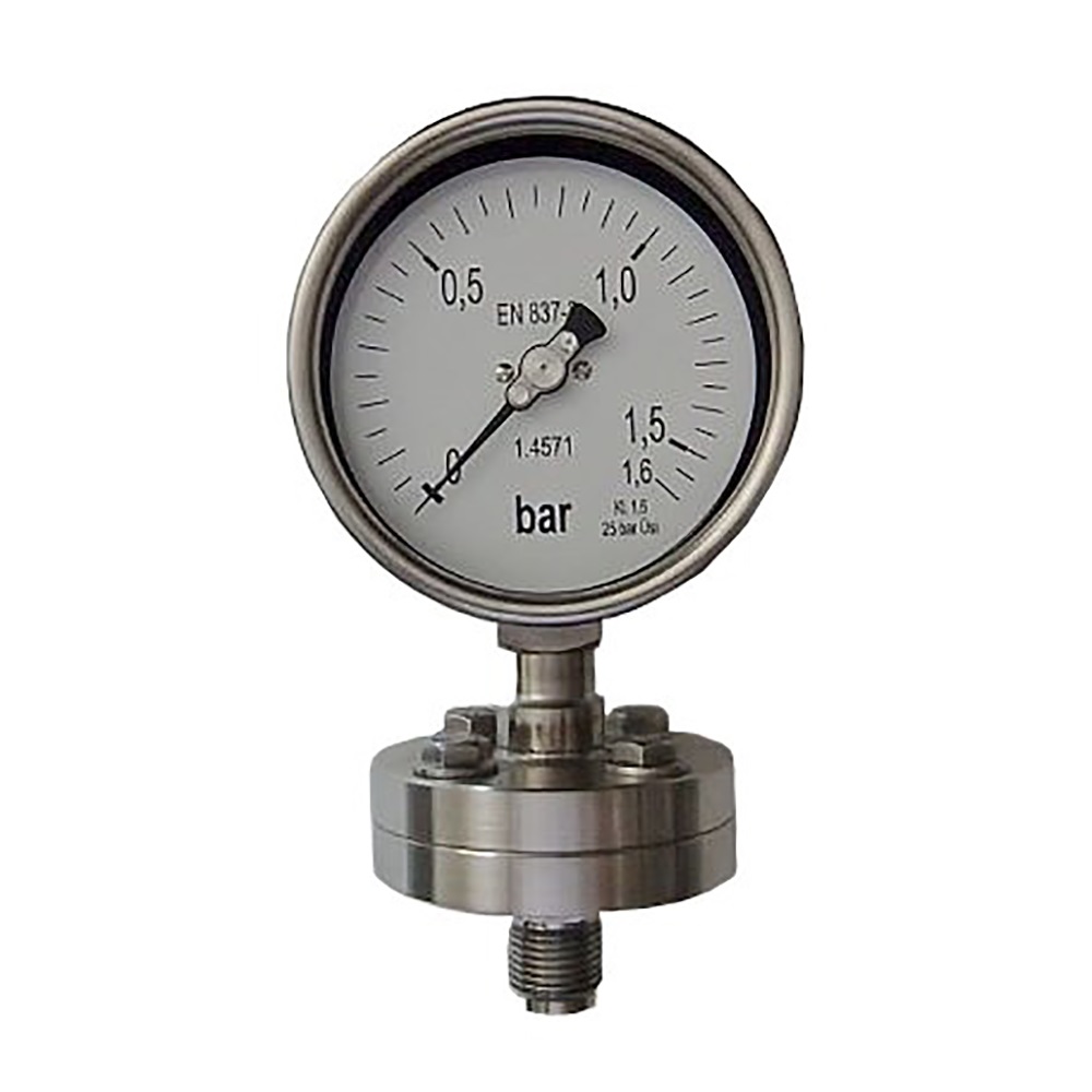 Plattenfedermanometer - Typ: PLF-C-E F-NG 90 - mit 90 mm Flanschbauweise nach EN 837-3 - Gehäusegröße 100