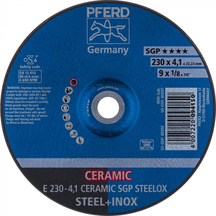 PFERD Disco sgrossatore E - CERAMICA SGP STEELOX - ø esterno da 115 a 230 mm - ø foro 22,23 mm - PU 10 pezzi - Prezzo per conf.