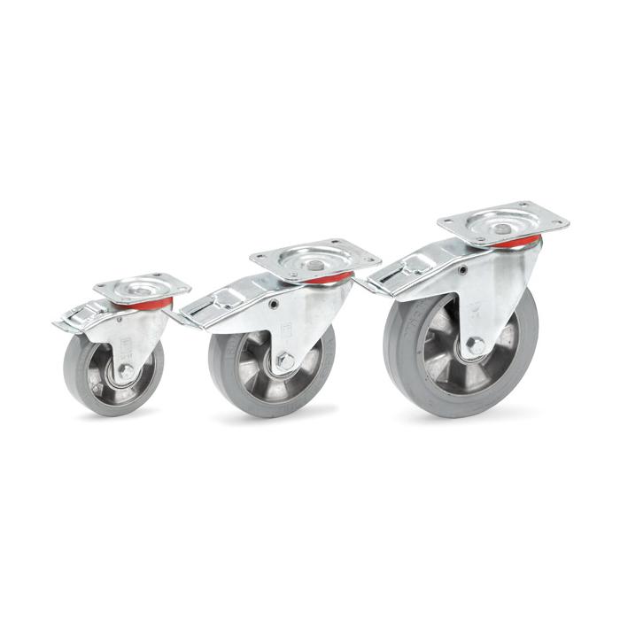 Svingbart hjul - elastisk massivt gummihjul - hjul ˜ 125 til 200 mm - konstruksjonshøyde 165 til 237 mm - lastekapasitet 200 til 350 kg