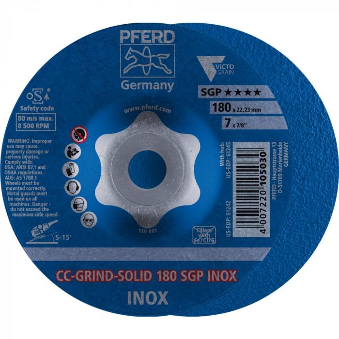 PFERD CC-GRIND slipskiva - CC-GRIND-SOLID - SGP INOX - ytter-ø 115 till 180 mm - borrning-ø 22,23 mm - 10 delar - Pris per enhet