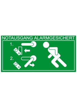 Fluchtwegzeichen "Notausgang alarmgesichert - Entriegelung Türwächter links" - S