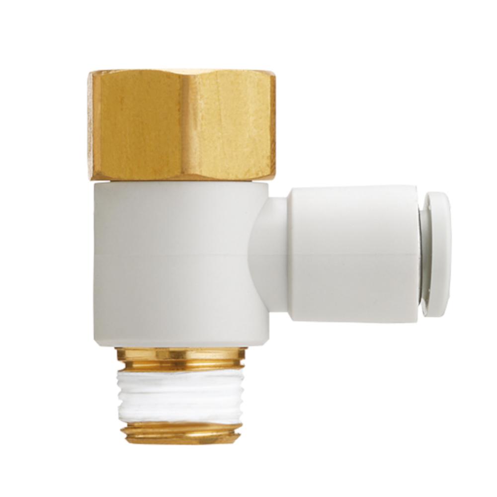 KQ2VF-böj - mässing/PBT - slangdiameter 4 till 12 mm - M5 invändig gänga eller 1/8" till 1/2" utvändig gänga - förpackning med 5 eller 10 stycken - pris per styck