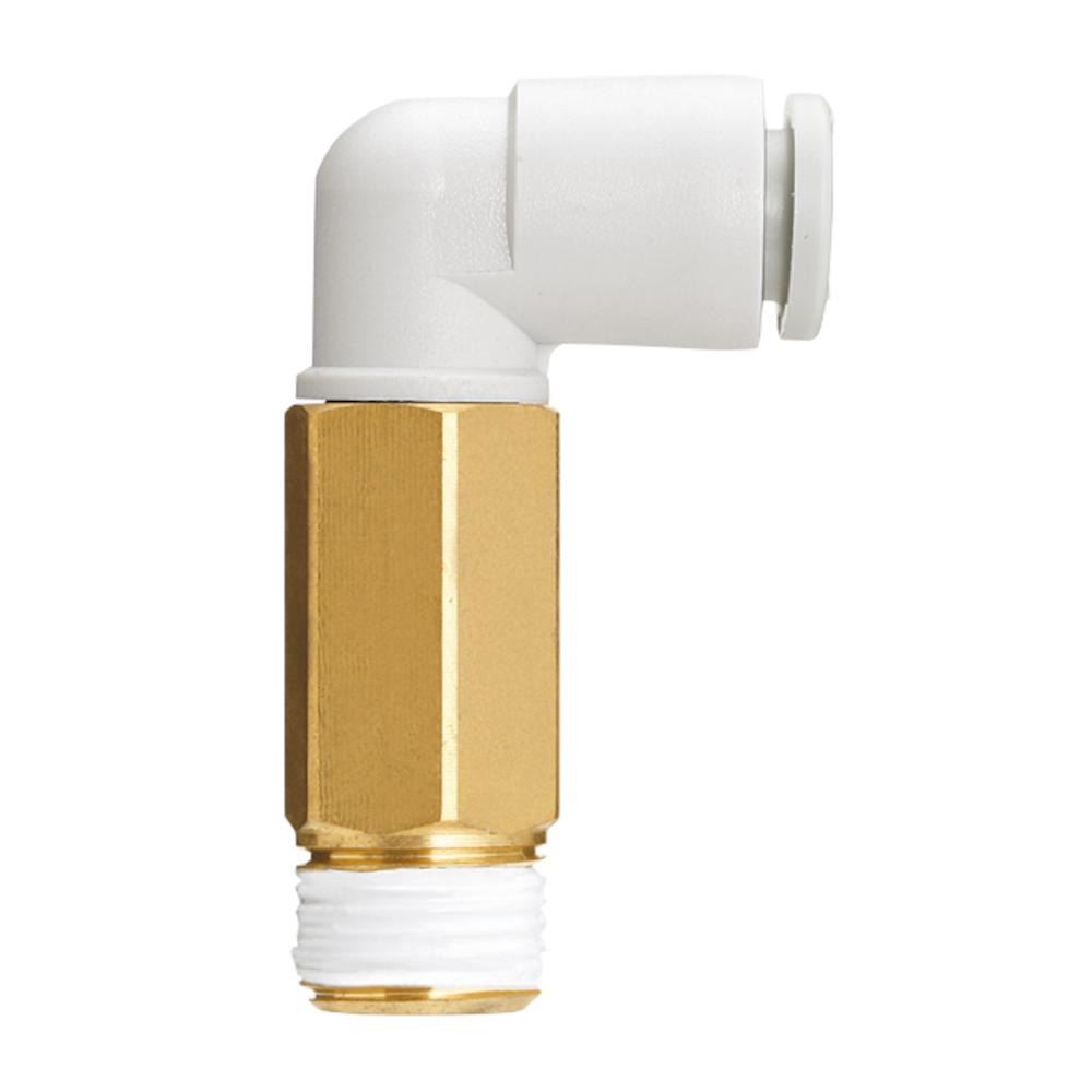 Høj albue KQ2W - rustfrit stål eller messing/PBT - uden pakning - slangediameter 3,2 til 16 mm - udvendig gevind R 1/8" til R 1/2" - pakke med 2 til 10 stk. - pris pr. stk.